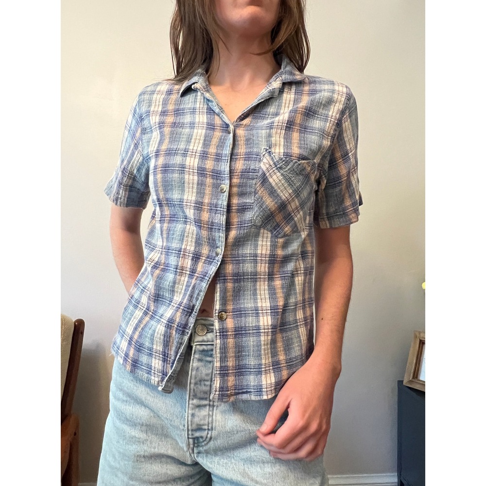 Vintage‎ Plaid Short Sleeve Button Down Shirt Angelique Blue Cotton Gauze Medium
